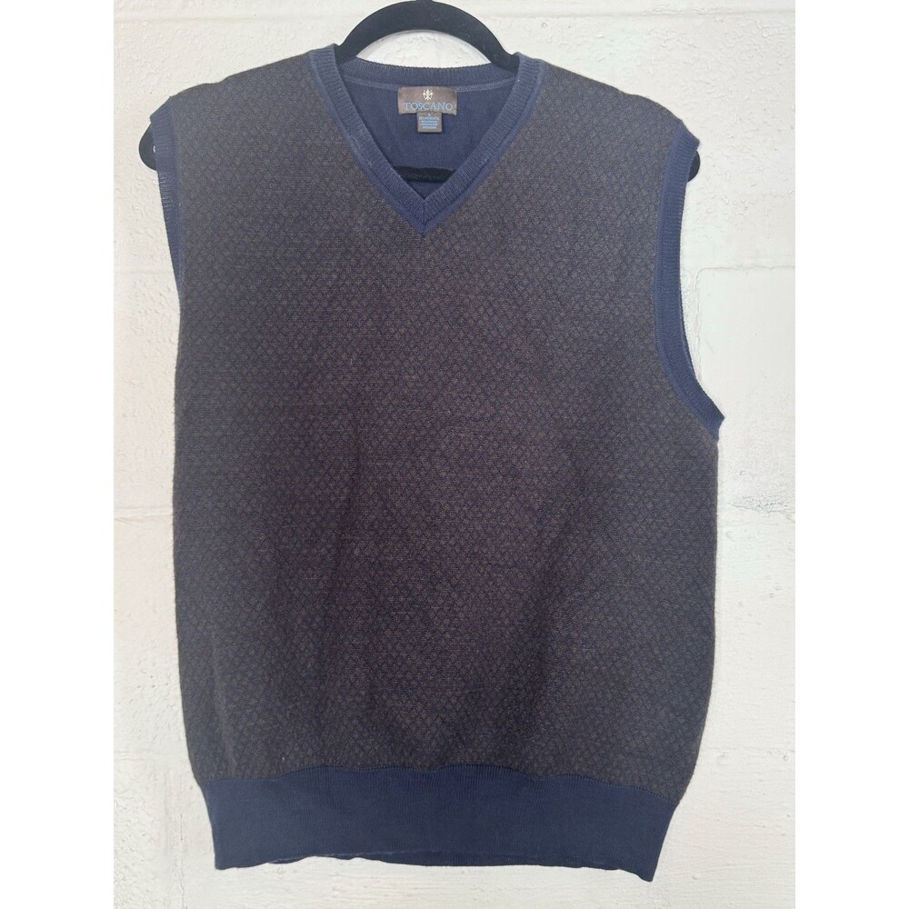 Toscano Men’s Sweater‎ Vest Large Blue Diamond Knit Merino Wool Blend V-Neck